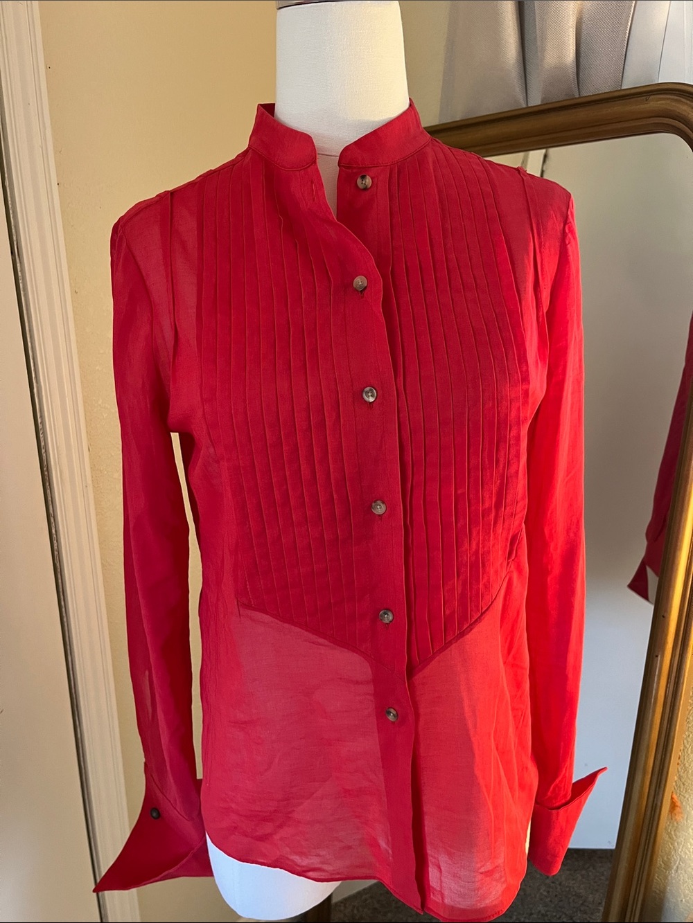 Carolina Herrera Red Pintuck Mandarin-Collar Blouse